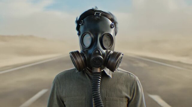 Lone figure in gas mask stands firm in dusty desert landscape