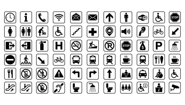 Public Facility Signage Icon Set &ndash; Restrooms, Accessibility, Parking, Hospital, Wi-Fi, Transport, Safety