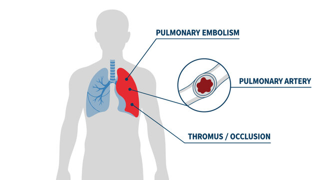 Medical diagram explaining pulmonary embolism with a blood clot thrombus blocking the pulmonary artery in lung.