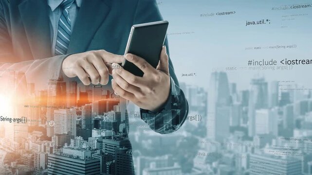 A businessman interacts with a smartphone while standing against an urban backdrop, showcasing digital elements that symbolize technology and innovation in the workplace. Xenic