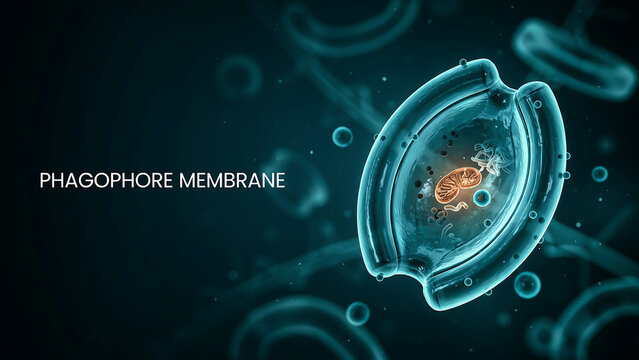 Phagophore membrane structure with mitochondria and other cellular components inside a cell  biological process illustration
