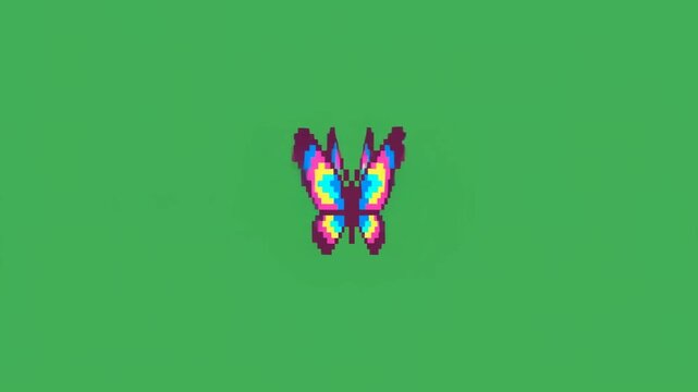 Static shot of pixel art butterfly flapping wings in loop on solid green background centered retro sprite animation with subtle wing movement and minimal studio backdrop