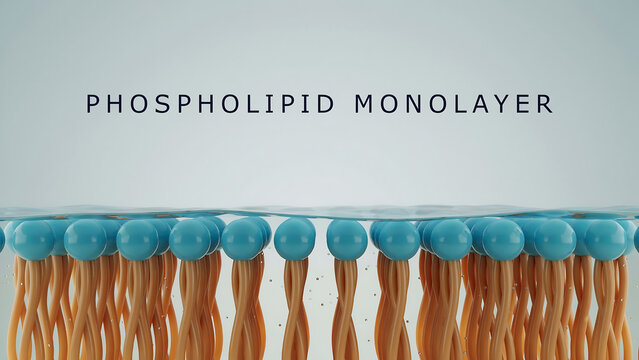 Phospholipid monolayer structure with blue heads and orange tails  scientific illustration of lipid bilayer formation process