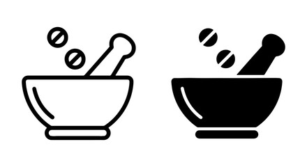Fototapeta premium Mortar and Pestle Icons, Pharmaceutical Grinding Tools, Medicine Preparation Vector Set