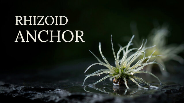 Air plant with rhizoid anchor on wet rocky surface in dark environment with water drops on its leaves