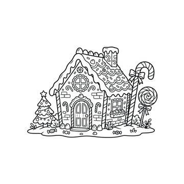 Gingerbread house with candy cane and christmas tree.
