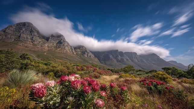 Fynbos protea flowers in foreground with Table Mountain and clouds
