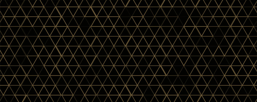 Luxury hexagonal abstract black metal background with golden light lines. Dark 3d geometric texture illustration. Bright grid pattern. Pure black horizontal banner wallpaper.