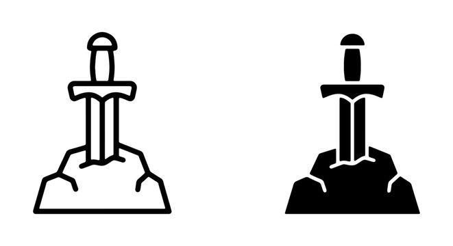 Medieval sword in stone icon set, excalibur weapon vector illustration