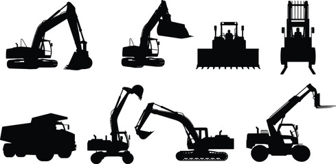 Construction, machinery, silhouettes, set, excavator, bulldozer, forklift, dump, truck, loader, industrial, vehicle, vector, black, heavy, equipment, building, site, elements, collection © ADOBE STOCK