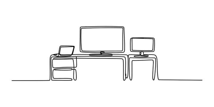 Continuous single line drawing of a modern home office desk with a large computer monitor and a laptop computer setup for remote work and digital business Vector, illustration