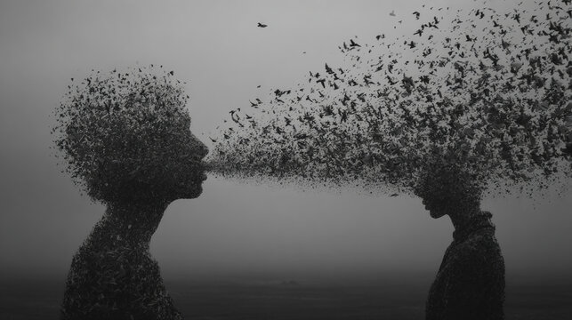 Surreal artistic concept of communication and shared thoughts AQ.Ab8RN6JTV0qn0HK2Sa88rZWlsG5IZgSYzjYsyimLRe7skVa5mw with bird-like fragments flowing