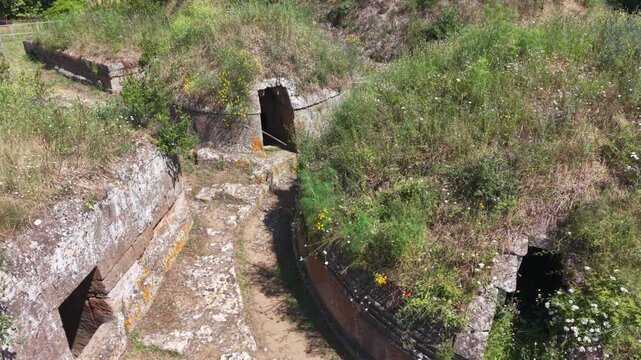 Necropoli della Banditaccia, Cerveteri, Lazio, Italy. Aerial drone video