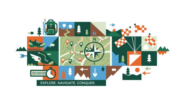 Detailed colorful orienteering collage featuring outdoor equipment, map, compass, hiking boots, and motivational text.