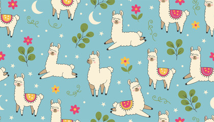 Naklejka premium Seamless pattern featuring cute cartoon llamas, flowers, leaves, stars, and crescent moons on a soft blue background.