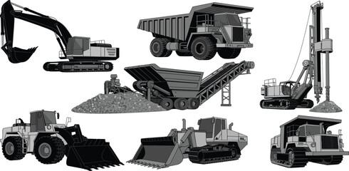 Construction, machinery, vector, set, excavator, dumper, truck, bulldozer, loader, mining, industrial, heavy, equipment, vehicle, engineering, building, infrastructure, site, transport, collection, © ADOBE STOCK