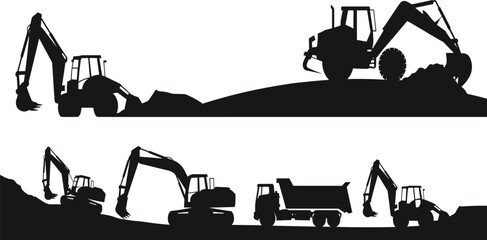 Construction, site, silhouettes, landscape, excavator, dump, truck, loader, digger, heavy, machinery, equipment, building, industrial, engineering, vehicle, background, vector, black, collection © ADOBE STOCK