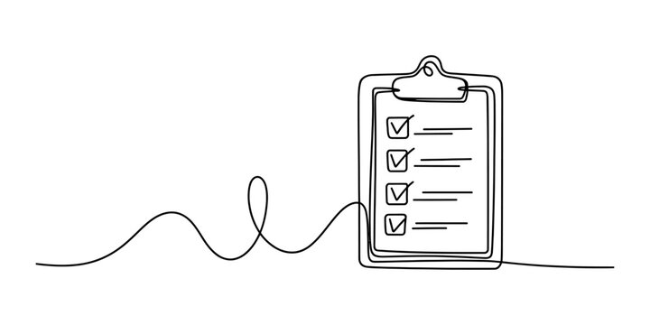 A single continuous line drawing of a clipboard with a completed checklist showing four check marks representing task completion and organized business work Vector, illustration