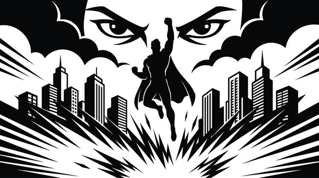 Superhero silhouette against a cityscape with watchful eyes black and white graphic superheroic superpowers comic book hero savior protector vigilante cape flying