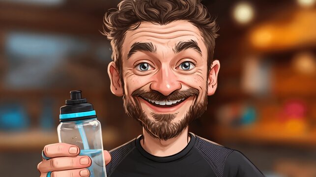 Trail runner caricature smiling and holding hydration flask