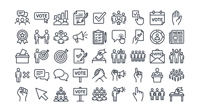 Collection of election and voting line art icons representing various political concepts and actions