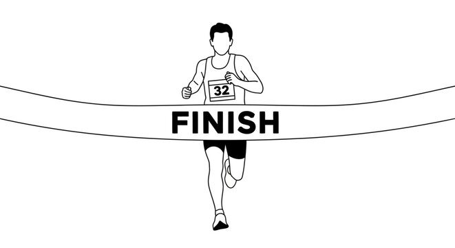 Runner crossing finish line, black and white illustration, sports concept