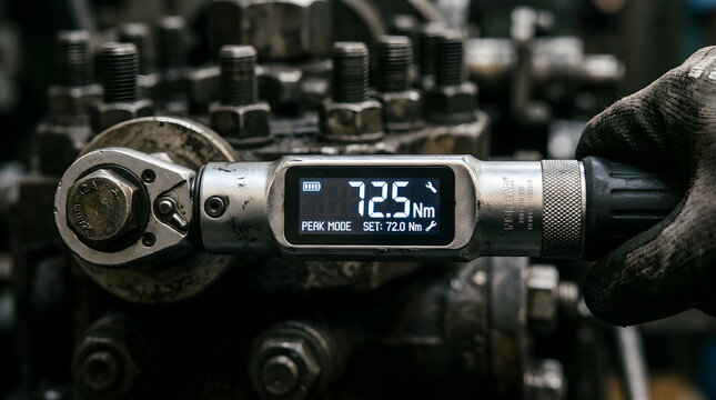 digital torque wrench with display close up on metal engine components