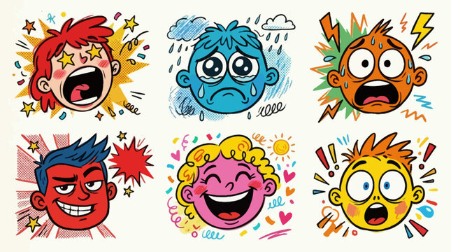 Cartoon faces with various emotions.