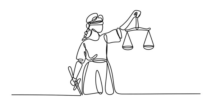 Continuous single line drawing of lady justice holding a scale and a sword representing law court and legal concept in a minimalist art style illustration Vector, illustration