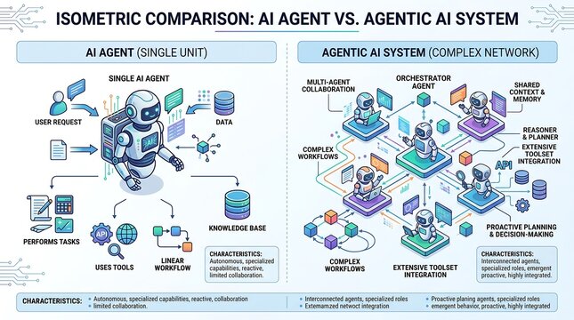 Isometric comparison infographic ai agent vs agentic ai system