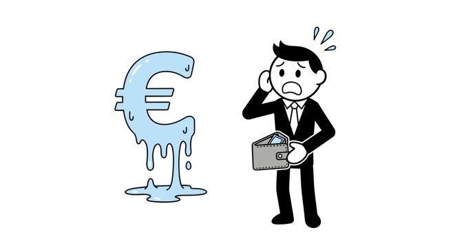 Worried businessman with melting euro symbol and empty wallet illustrating financial crisis and economic downturn