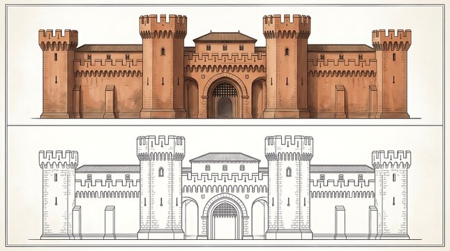 Medieval Castle Facade and Blueprint fortress architecture