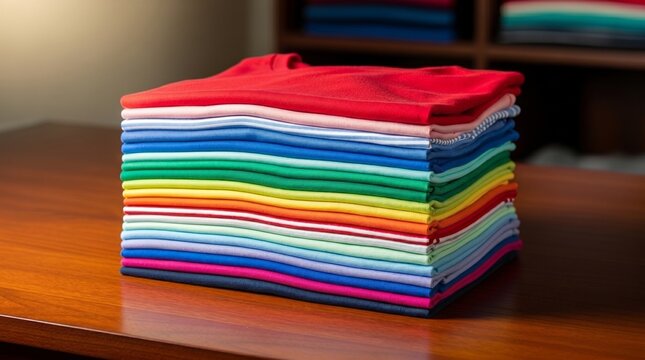 Neatly folded stack of colorful t-shirts arranged in rainbow order on a wooden table