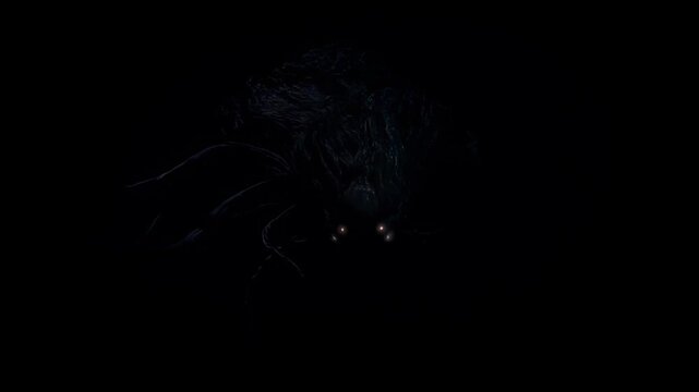 Emerging deep sea creature with glowing eyes in darkness