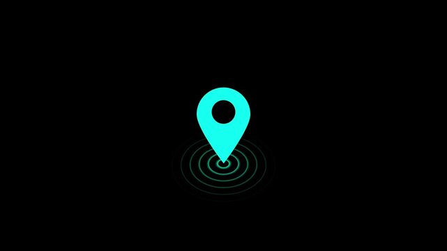 GPS location pointer animated with radio wave, location map pointer with pin icon and location animation on black background. 4k video animation.