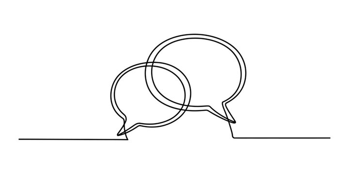 Continuous single line drawing of two overlapping speech bubbles representing communication and conversation concept in a simple minimalist black and white style Vector, illustration