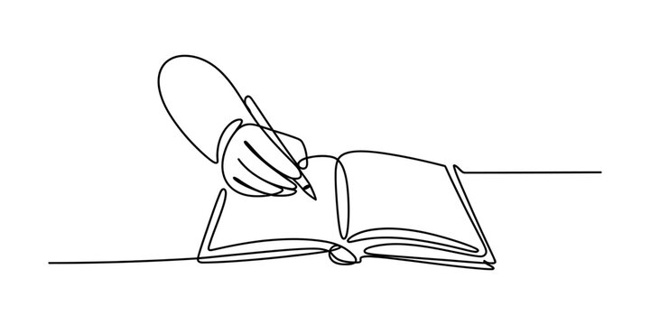 Continuous single line drawing of a person hand writing with a pen in an open notebook diary or journal for education and creative ideas and business note Vector, illustration