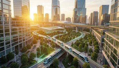 Fototapeta premium Futuristic city with elevated trains and green spaces at sunset