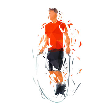 Man jumping rope in a low poly vector illustration, isolated on white background. Fitness, cardio workout, exercise and active lifestyle concept.