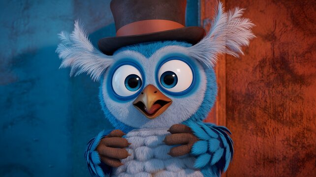 Cute cartoon blue owl wearing a small black top hat looking surprised with wide eyes