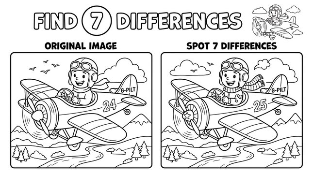Spot the difference game with a pilot in a biplane