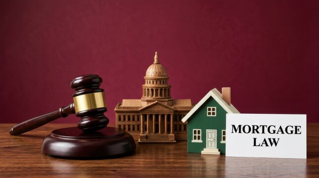 Mortgage Law concept with judge gavel and house model, real estate legislation and property rights, legal foreclosure and housing regulations