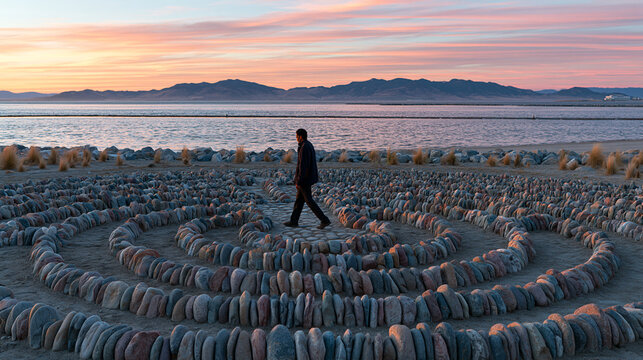 Serene Beach Labyrinth at Sunset: Tranquil Journey and Meditation on the Coastline