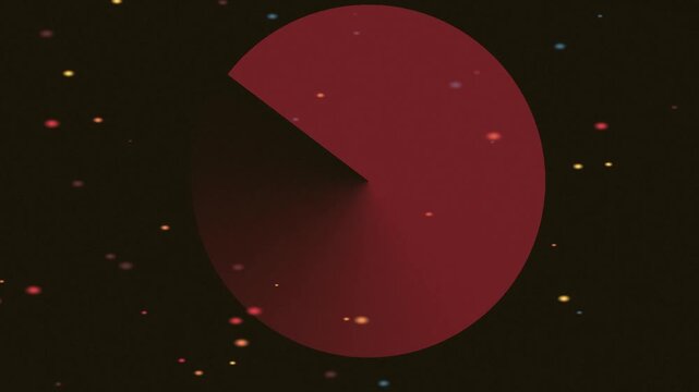 Red pie chart animation with colorful particles on dark background