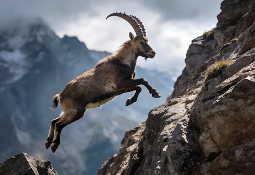 Ibex goat leaping across rocky mountain peaks in the Alps
