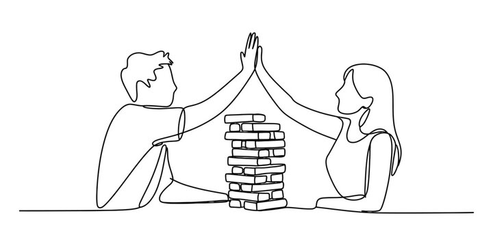 Two people playing jenga game and giving high five over the tower of blocks, continuous line art style