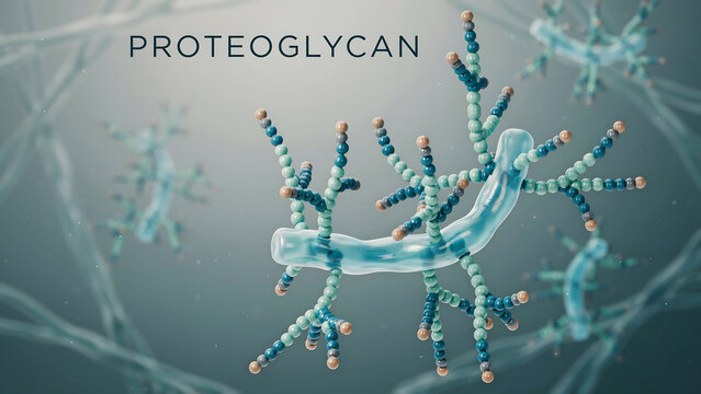 Proteoglycan molecule structure with complex carbohydrate chains and protein core in scientific illustration