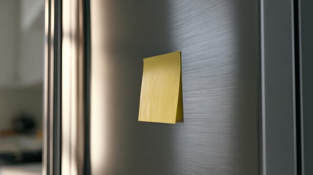 Yellow sticky note attached to a brushed metal surface in a modern kitchen with soft natural light and blurred background elements