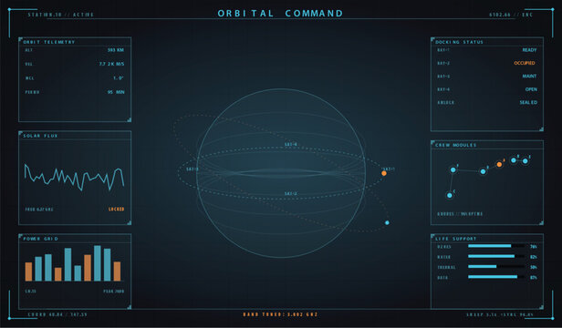 Futuristic digital orbital command interface with data visualization and satellite tracking vector illustration