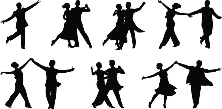 Dancing, couples, silhouette, vector, set, ballroom, tango, salsa, romance, black, collection, performance, party, isolated, white, background, design, illustration, element, icon